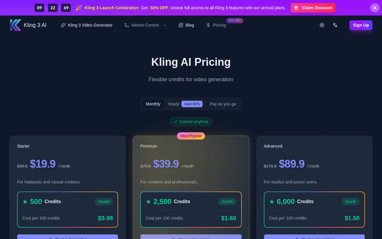Kling3.app — pricing page