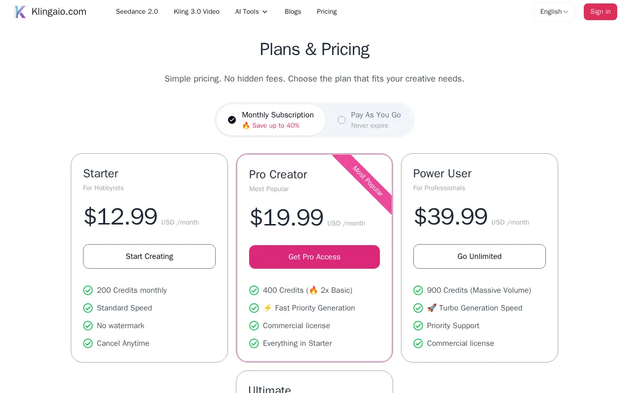 Klingaio — pricing page