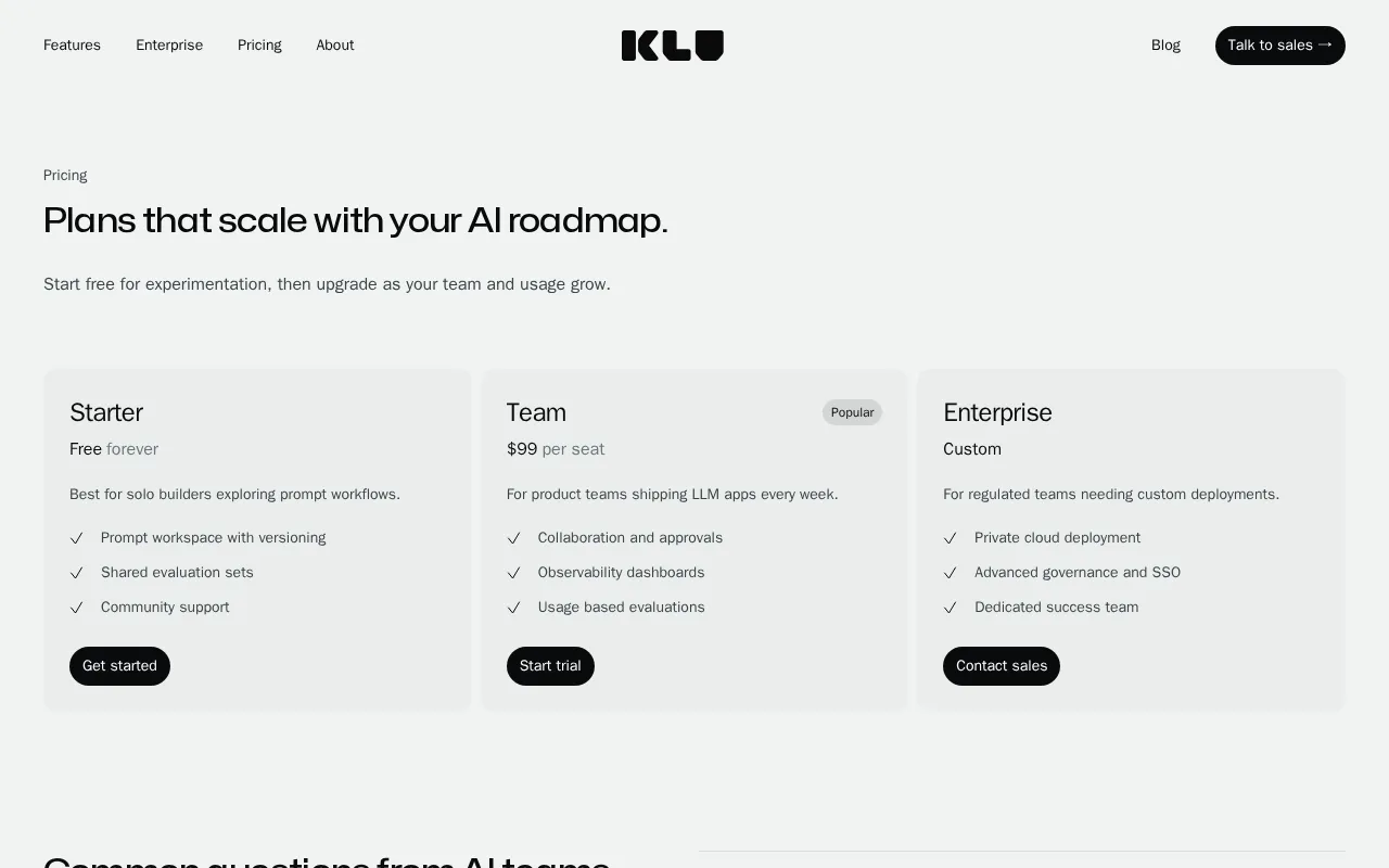 Klu.ai Public Beta — pricing page