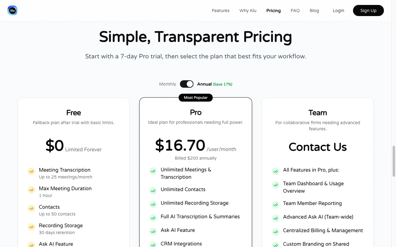 Klu — pricing page