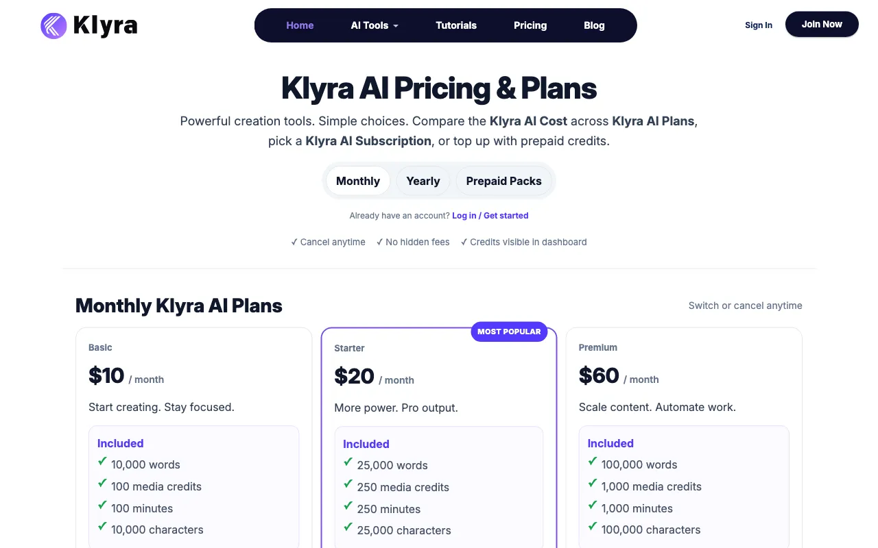 Klyra AI — pricing page