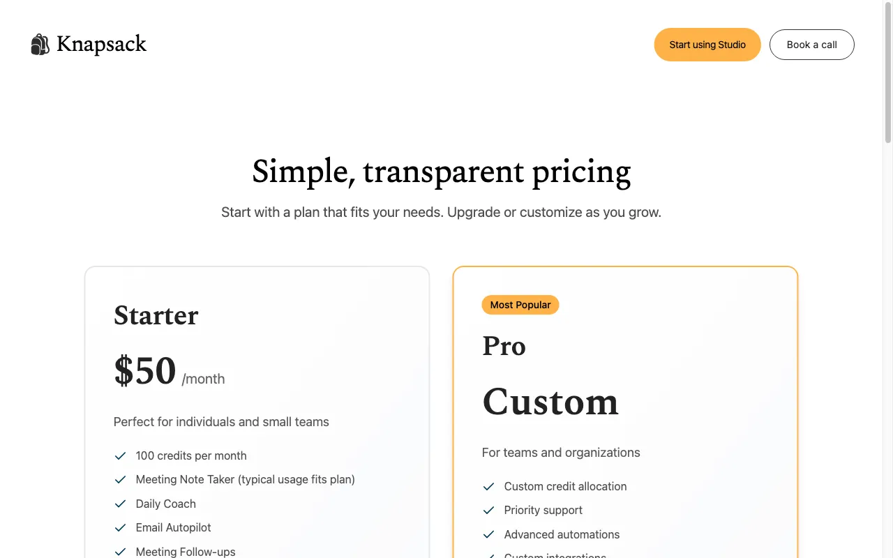 Knapsack Sidepanel — pricing page
