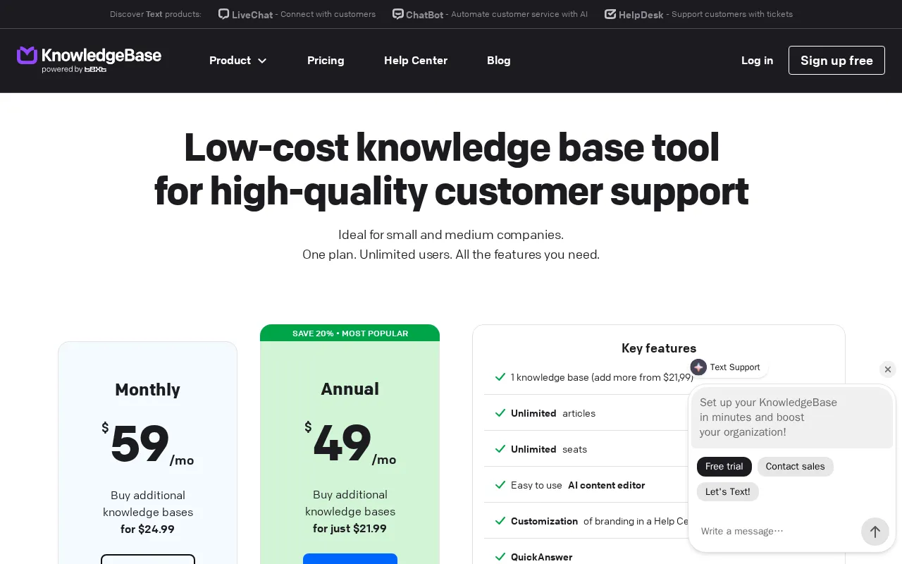 Knowledgebase — pricing page