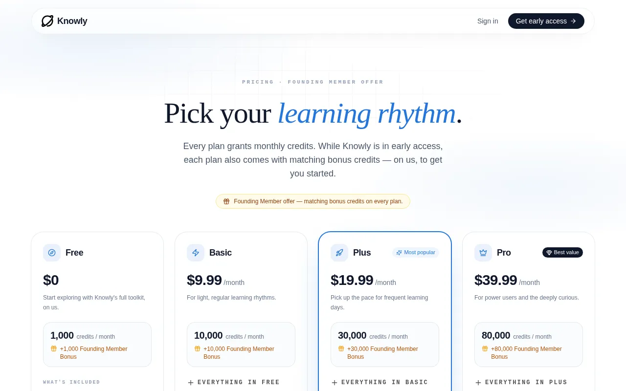 Knowly 1.0 — pricing page