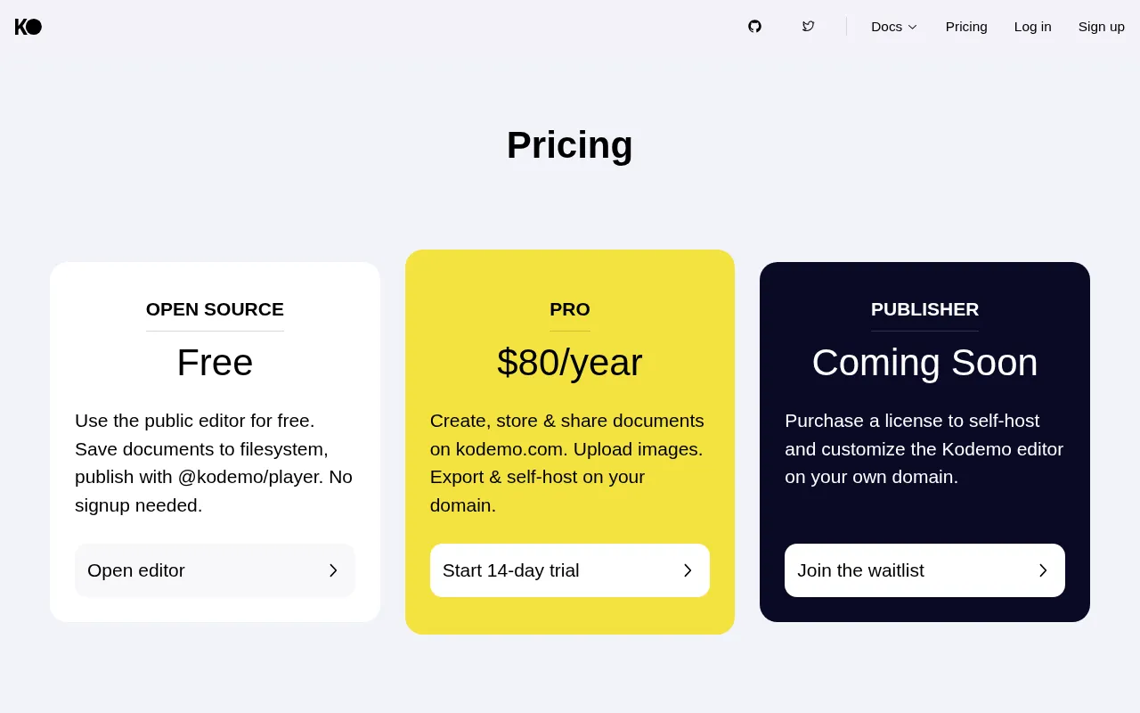Kodemo — pricing page