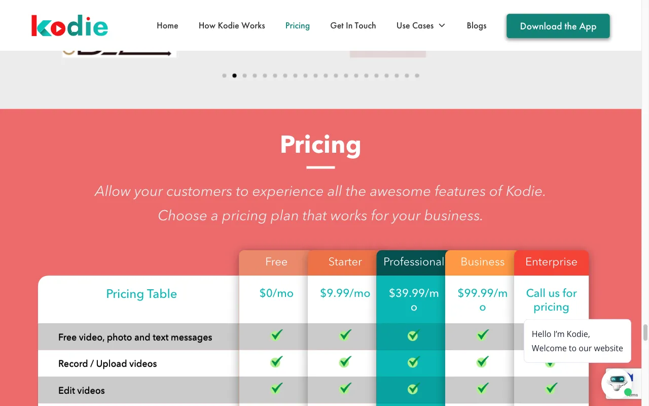 Kodie — pricing page