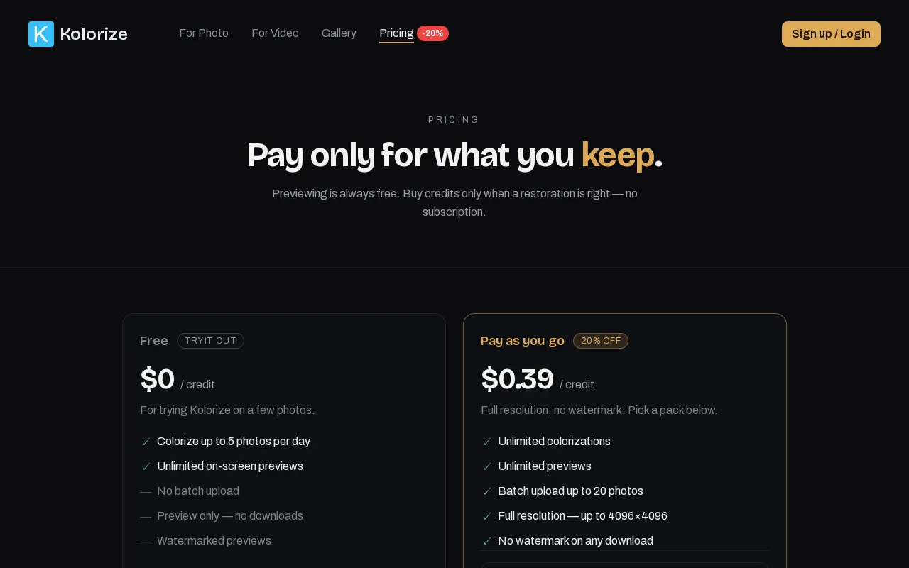 Kolorize — pricing page