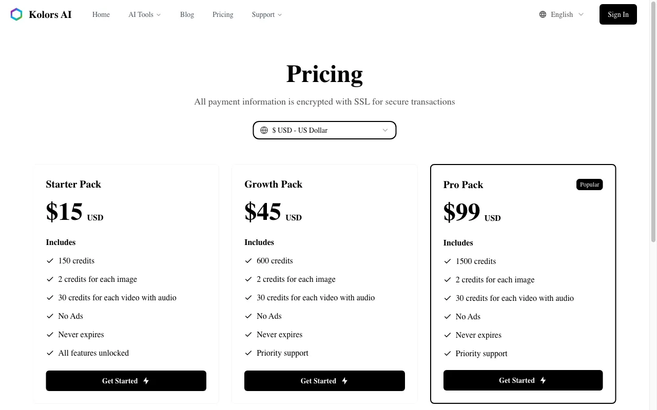 Kolors AI — pricing page