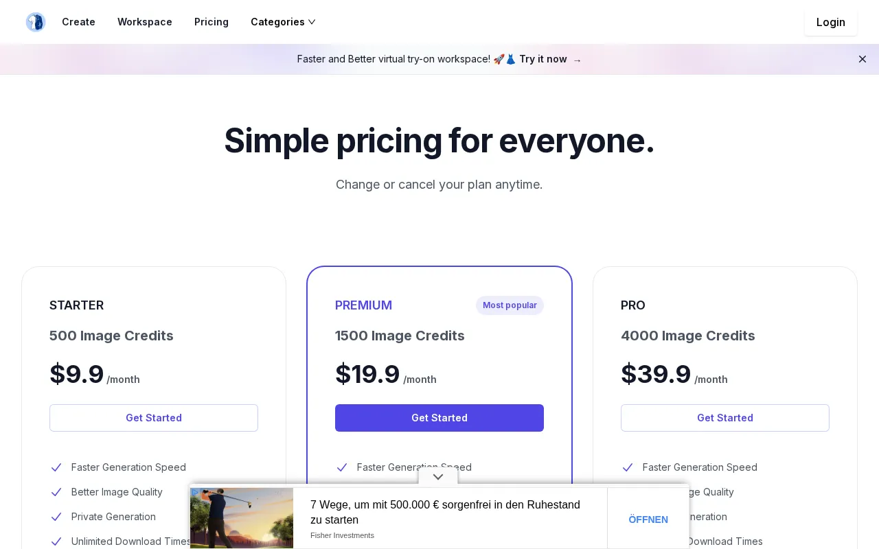 Kolors Virtual Try On — pricing page
