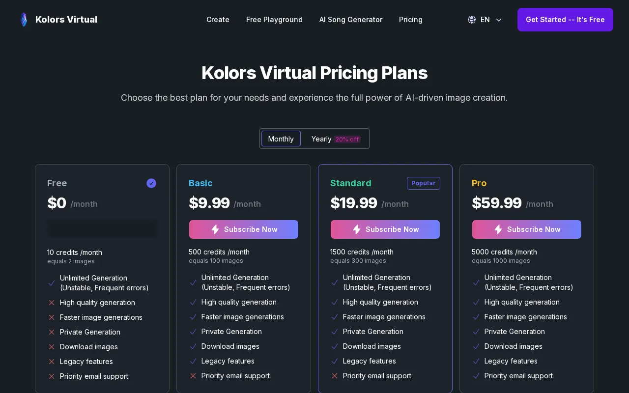 Kolors Virtual — pricing page