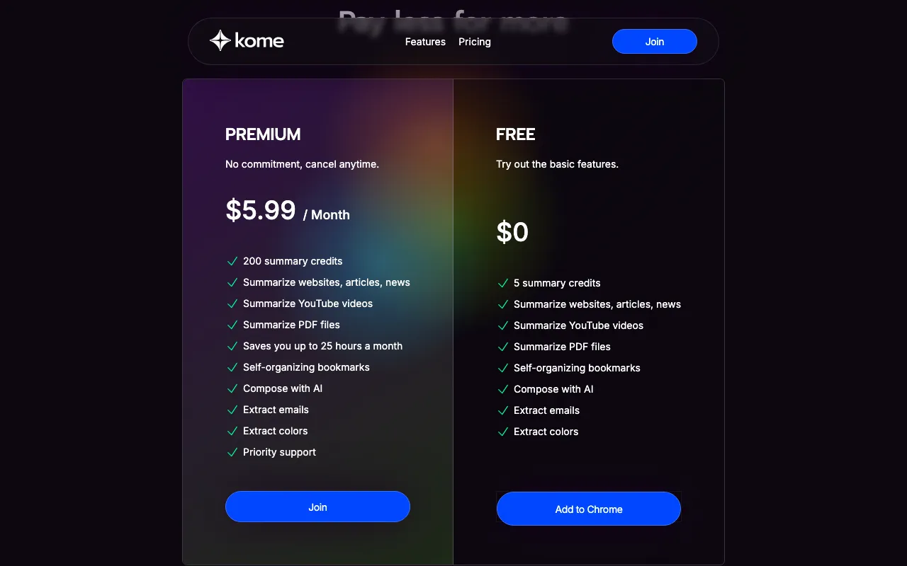 Kome AI — pricing page