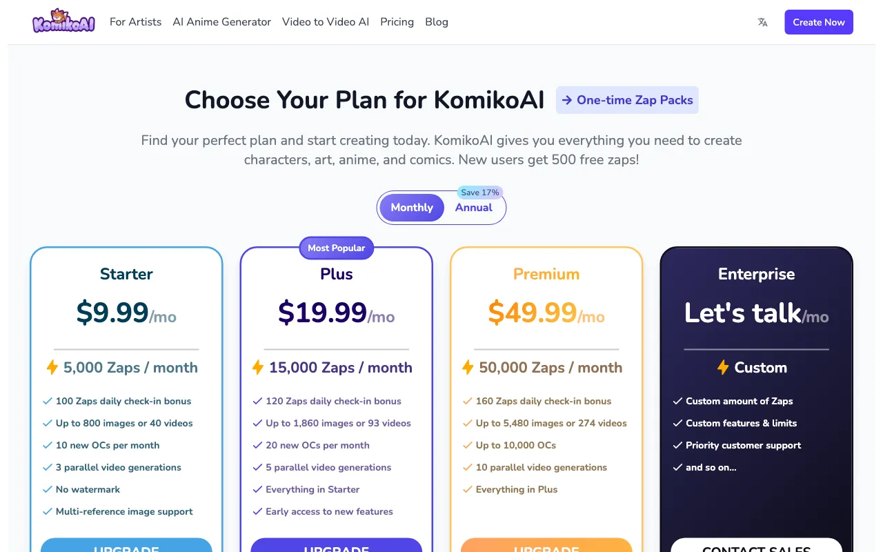 Komiko — pricing page