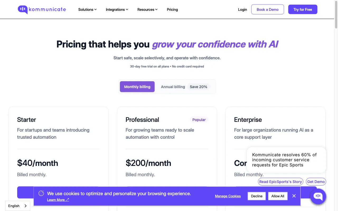 Kommunicate 3.0 — pricing page
