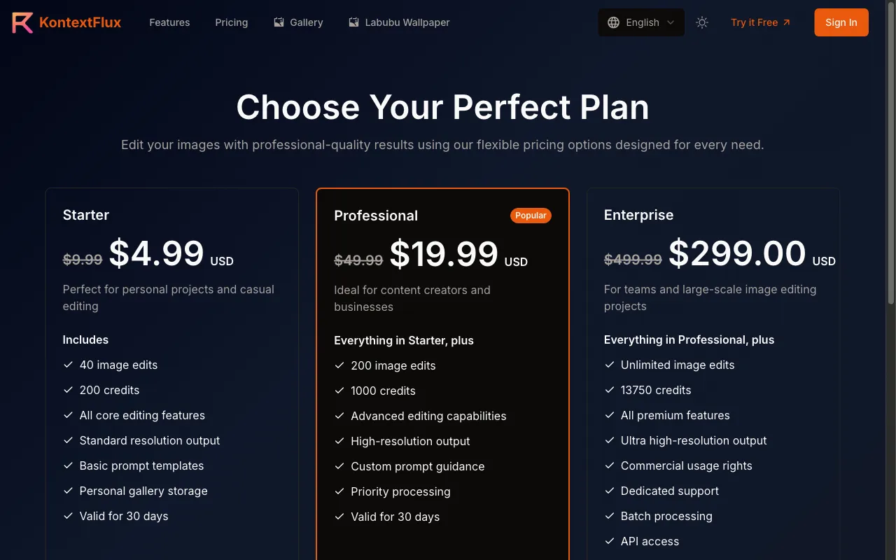 KontextFlux.app — pricing page