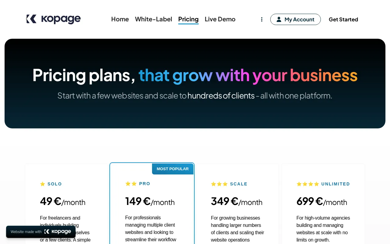 Kopage — pricing page