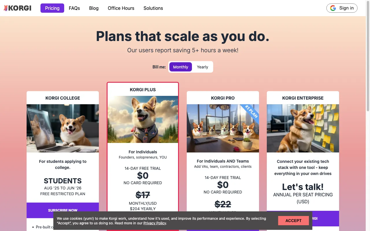 Korgi — pricing page