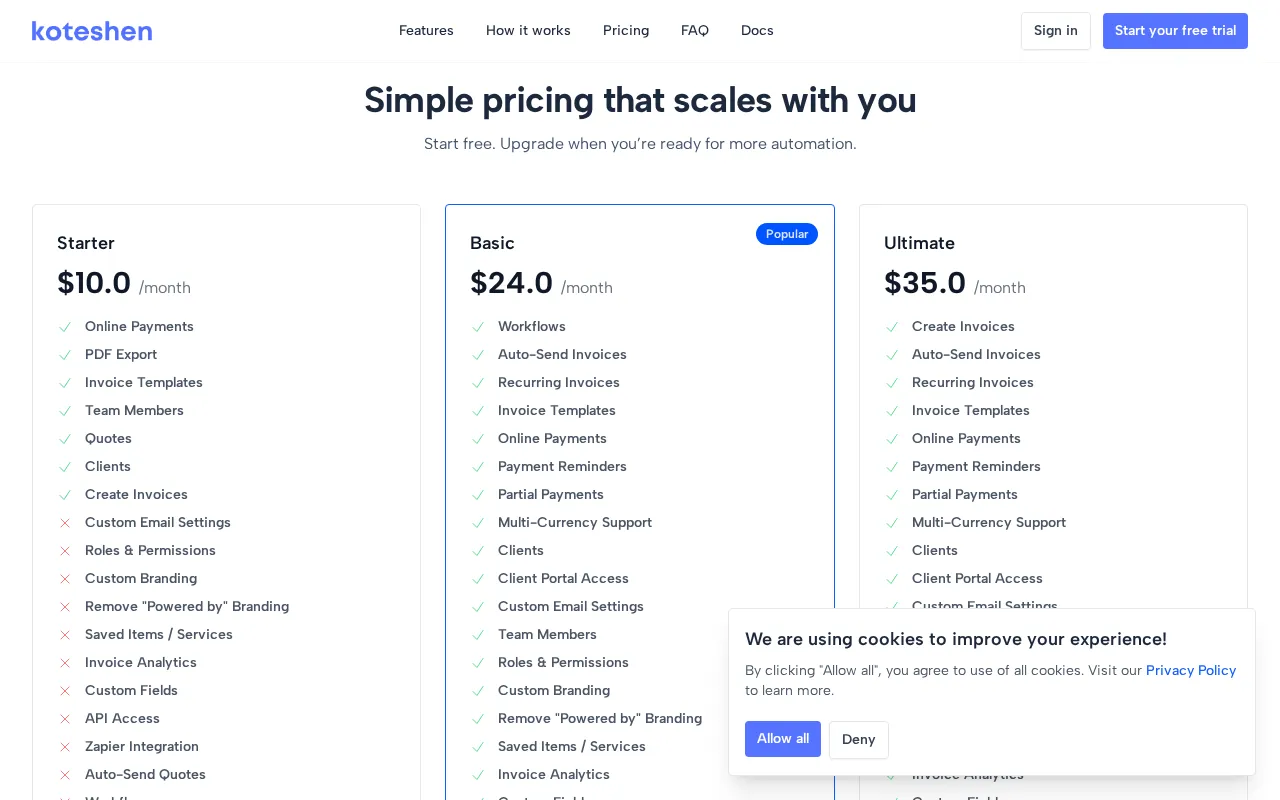 Koteshen — pricing page