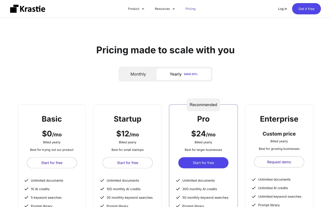 Krastie AI — pricing page