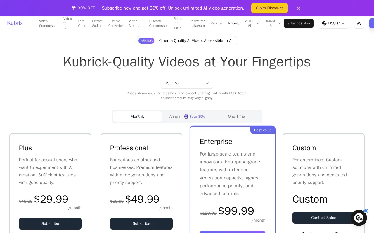 Kubrix — pricing page