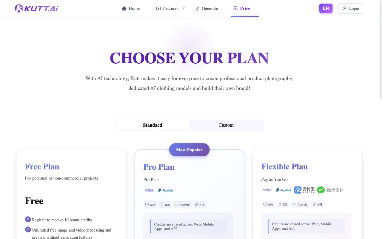 Kutt AI — pricing page