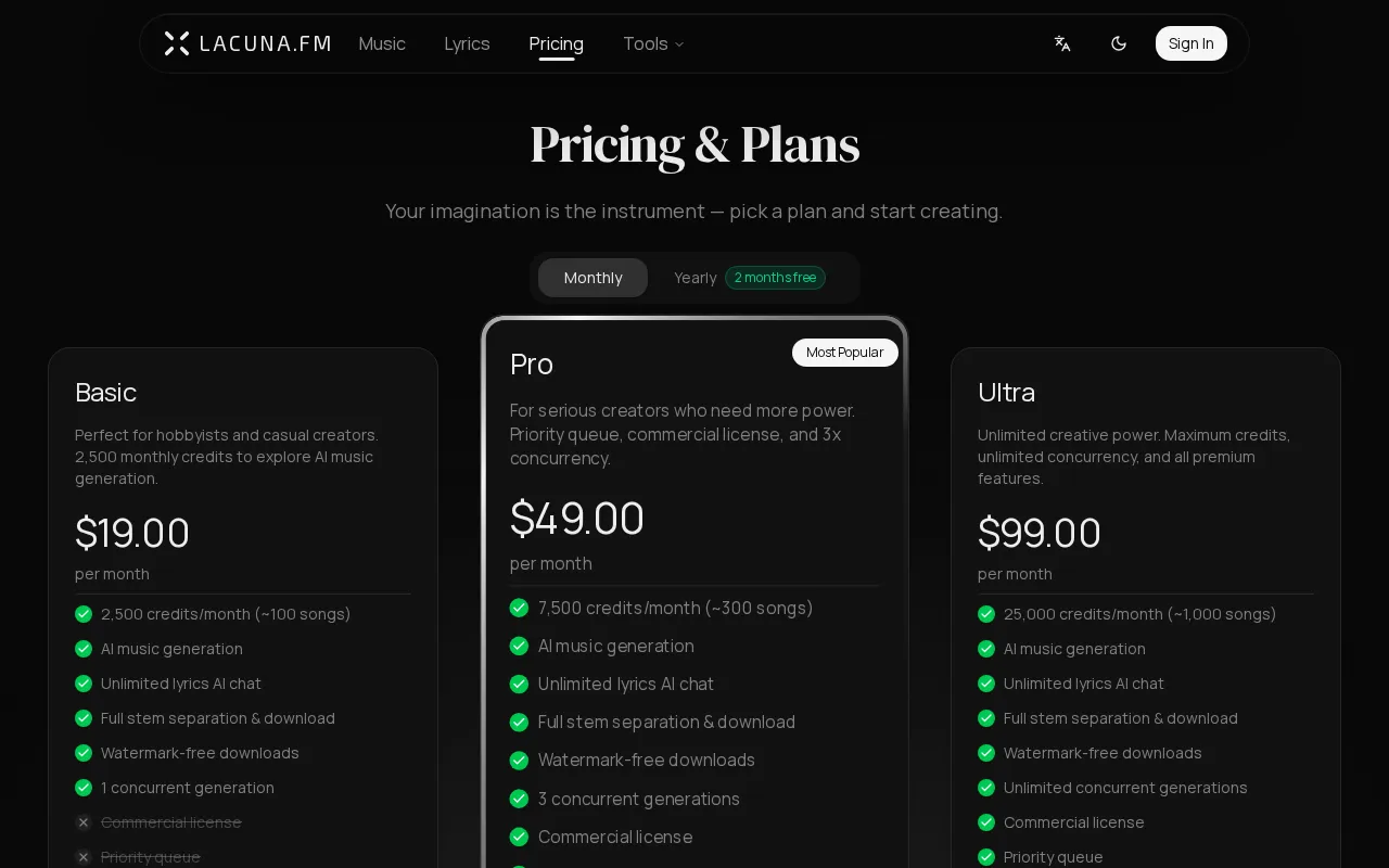 Lacuna — pricing page