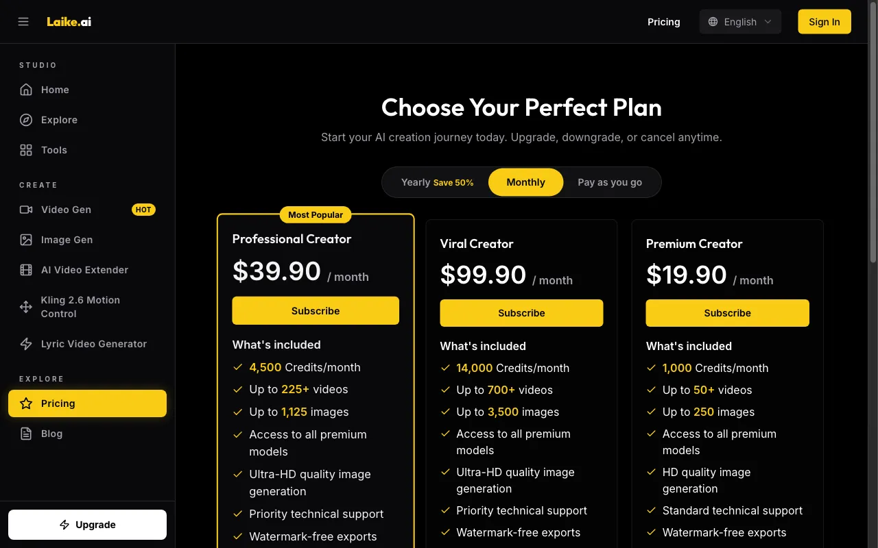 Laike AI — pricing page