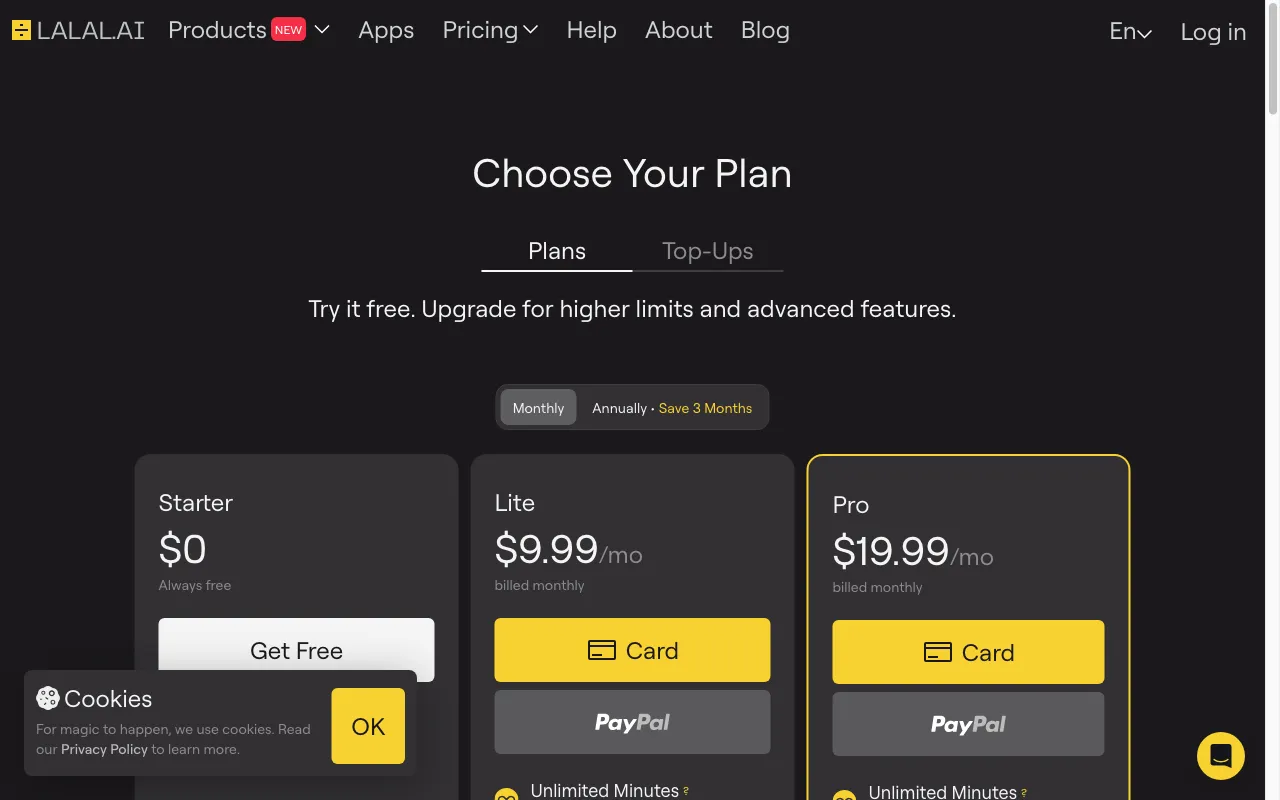 Lalal.ai — pricing page