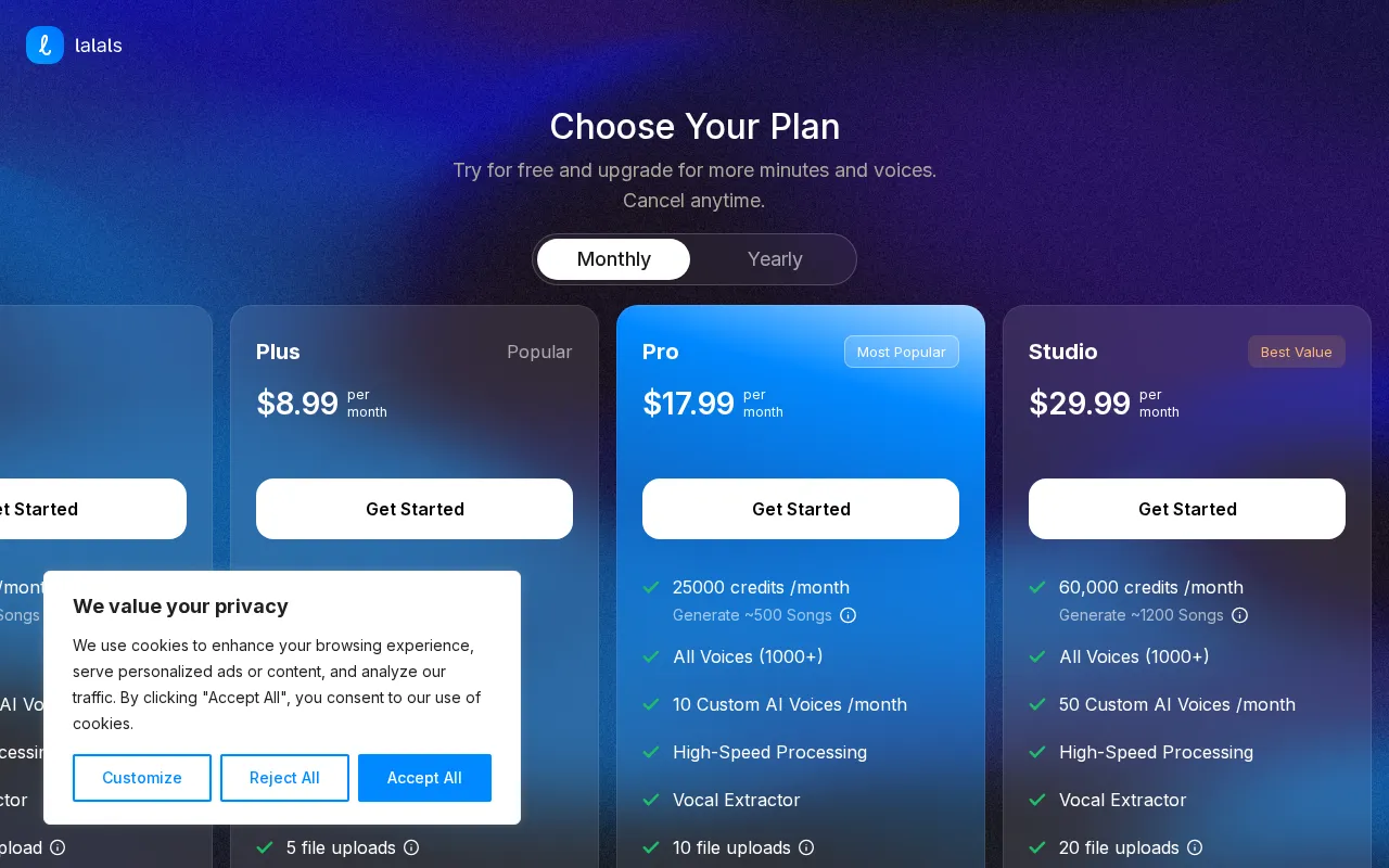 Lalals — pricing page