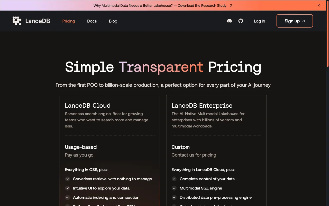 LanceDB — pricing page