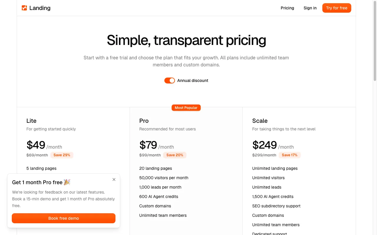 Landing — pricing page