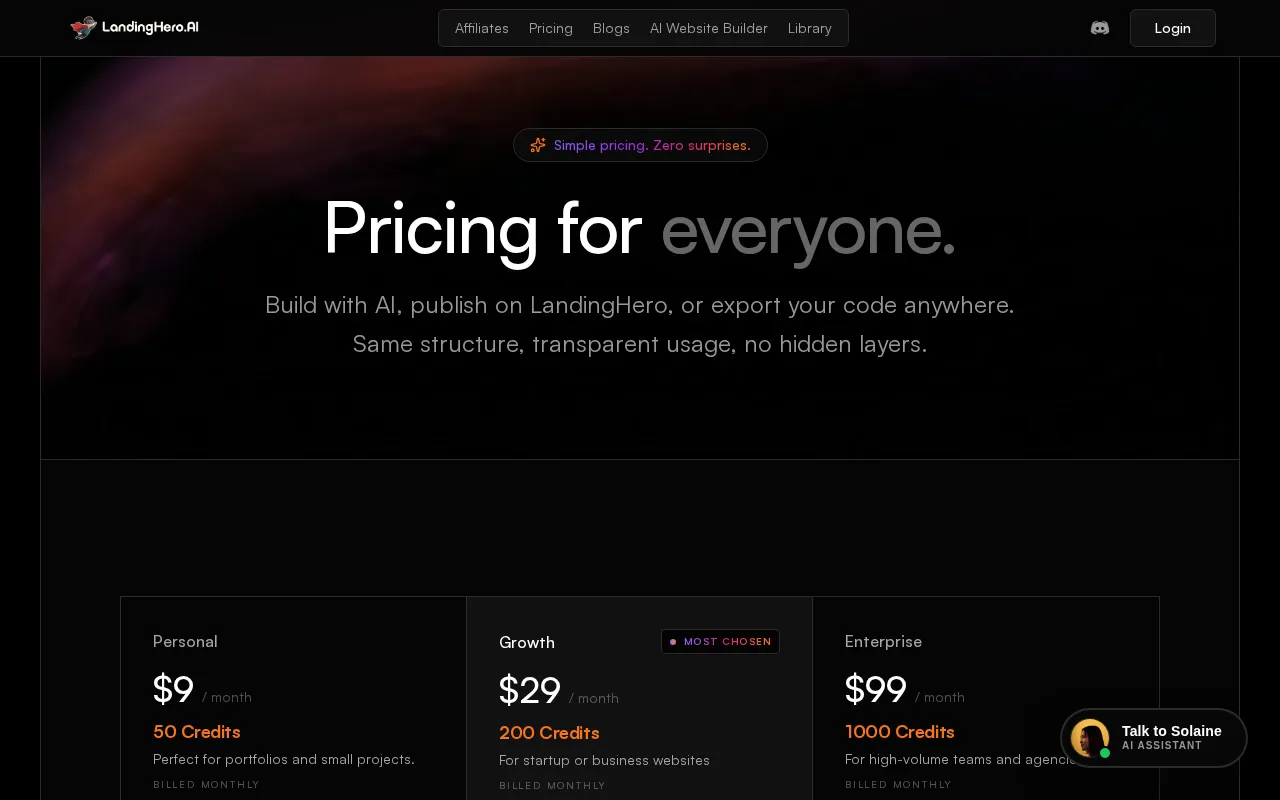 LandingHero AI — pricing page