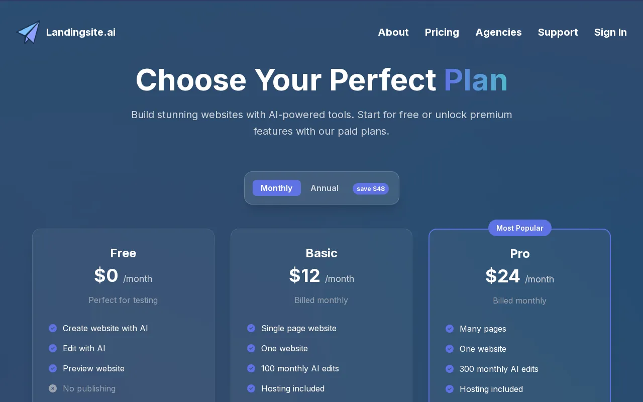Landingsite — pricing page