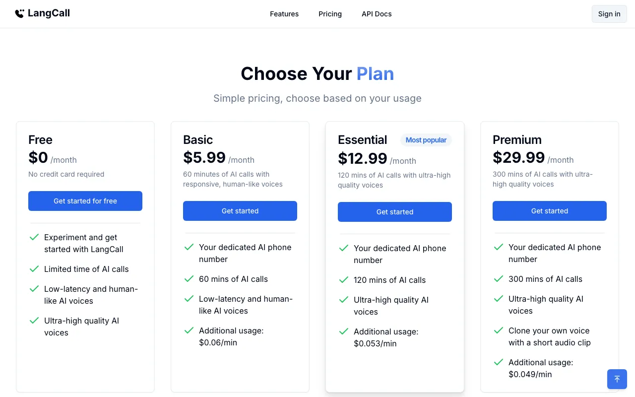 LangCall — pricing page