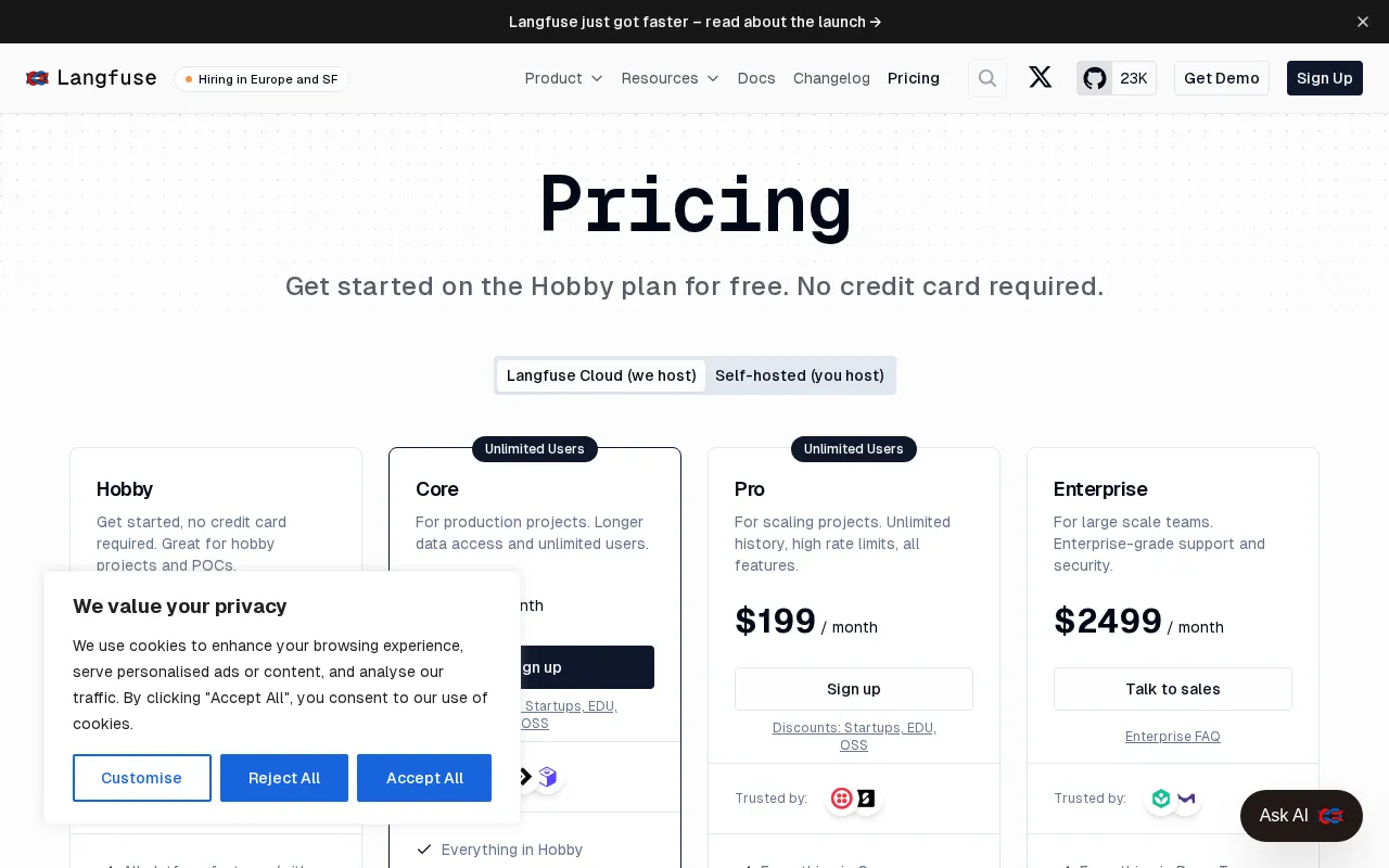 Langfuse — pricing page