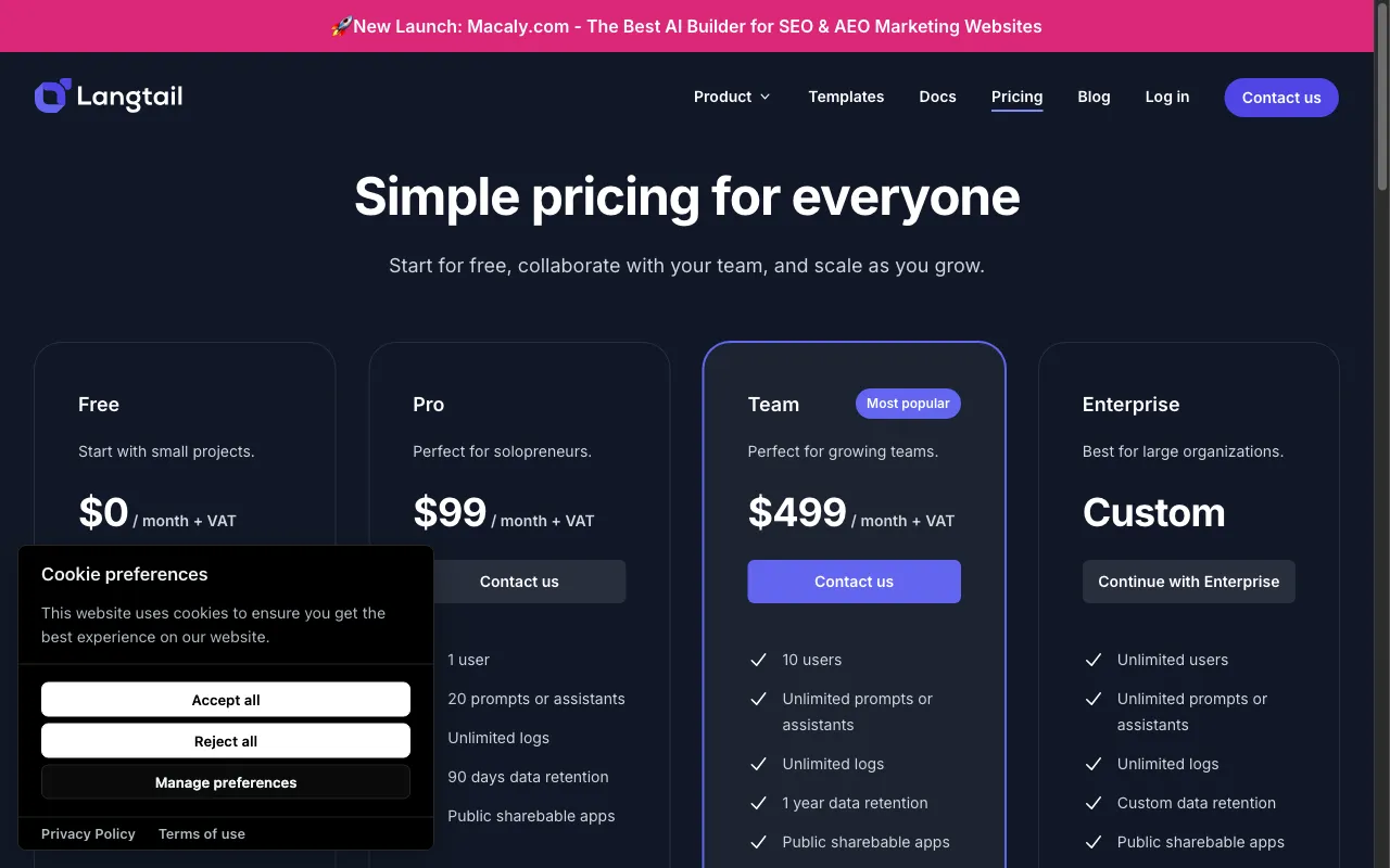 Langtail — pricing page