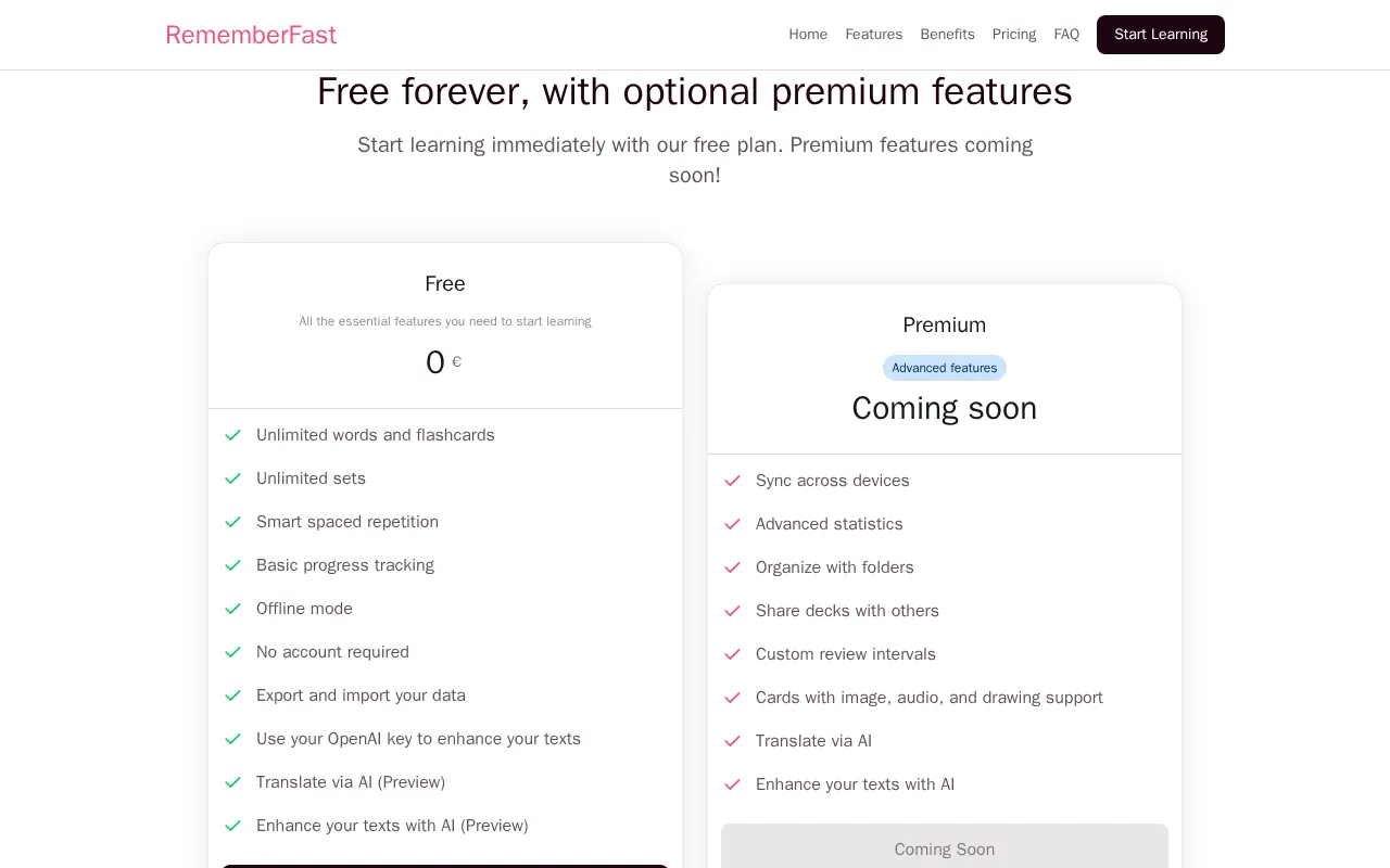 Language Learning Flashcards | RememberFast - Smart Spaced Repetition — pricing page