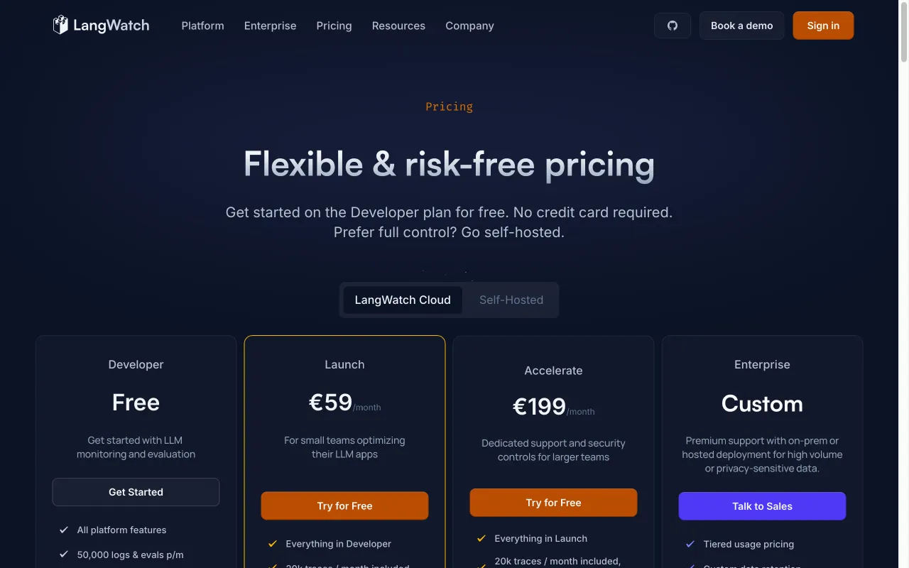 LangWatch — pricing page