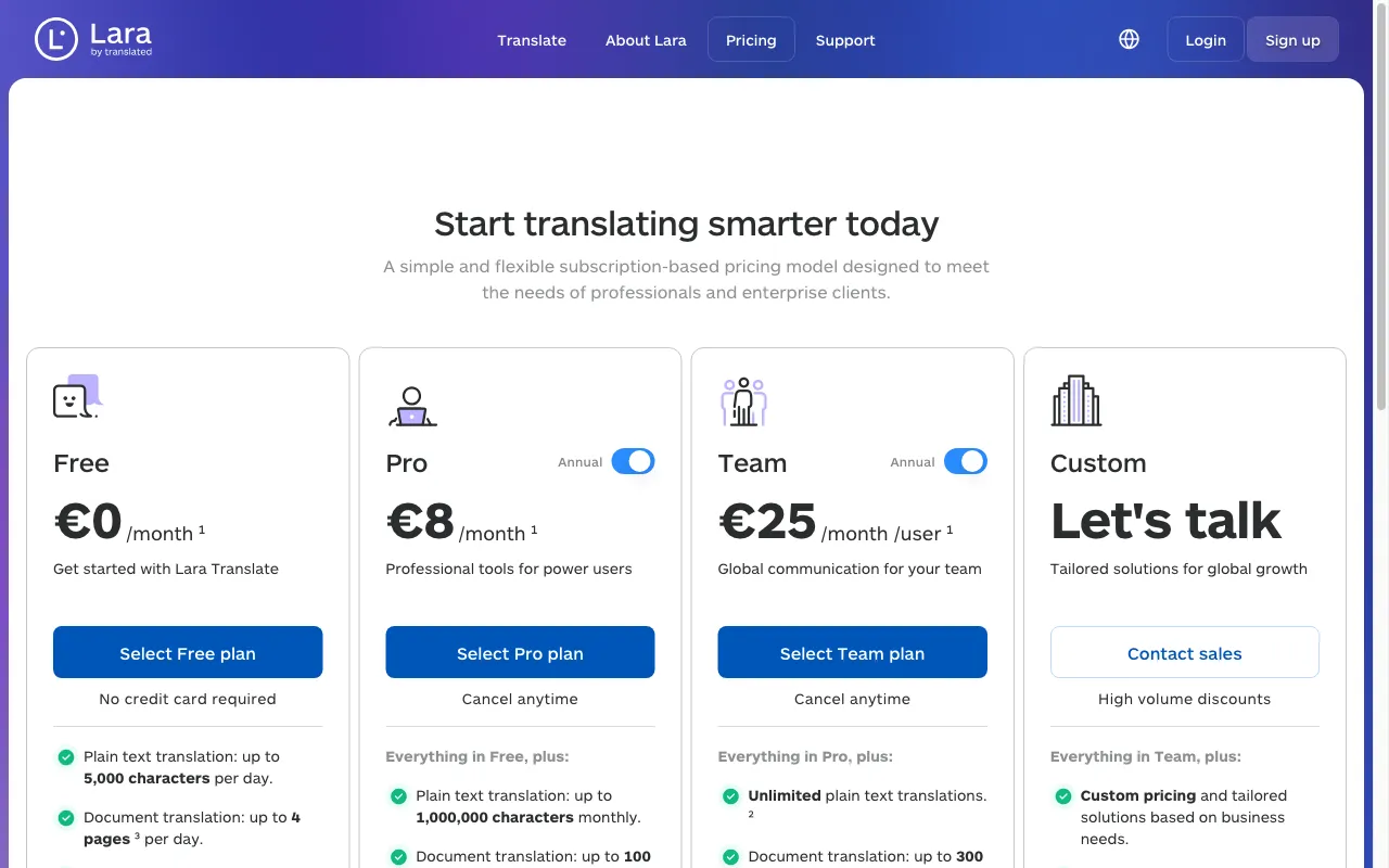 Lara Translate — pricing page