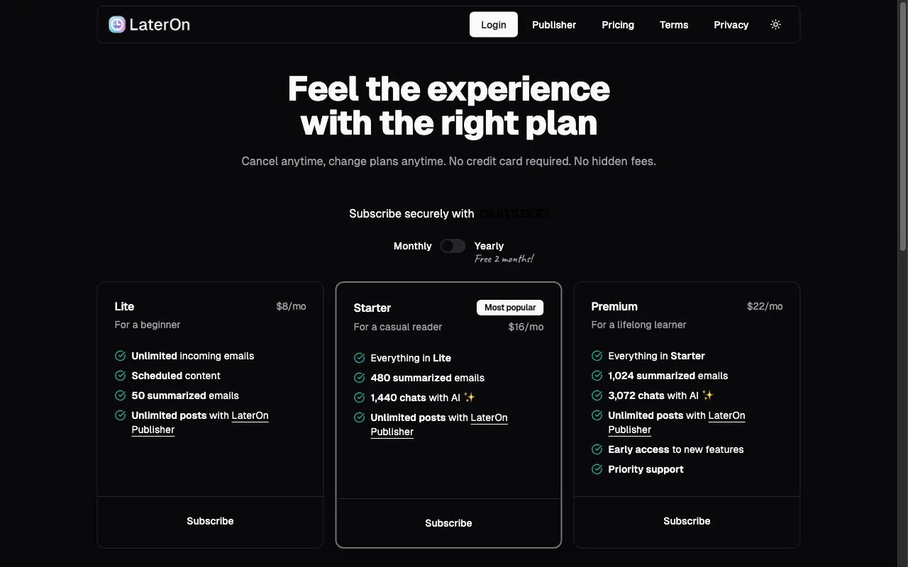 LaterOn.email — pricing page