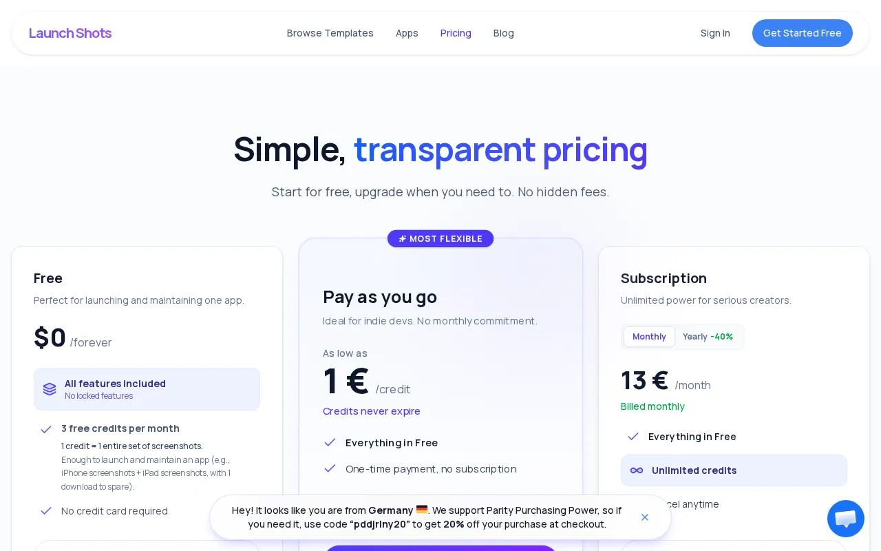 Launch Shots — pricing page
