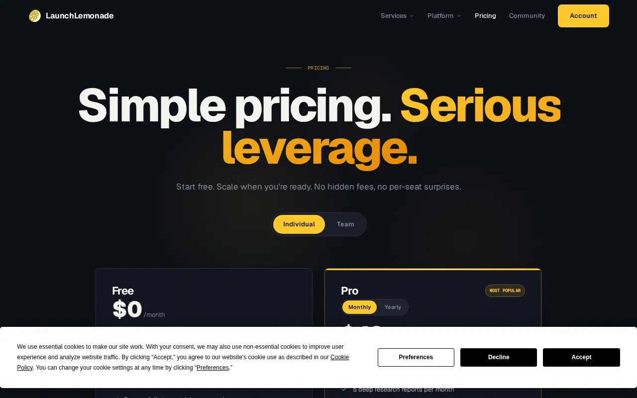 LaunchLemonade — pricing page
