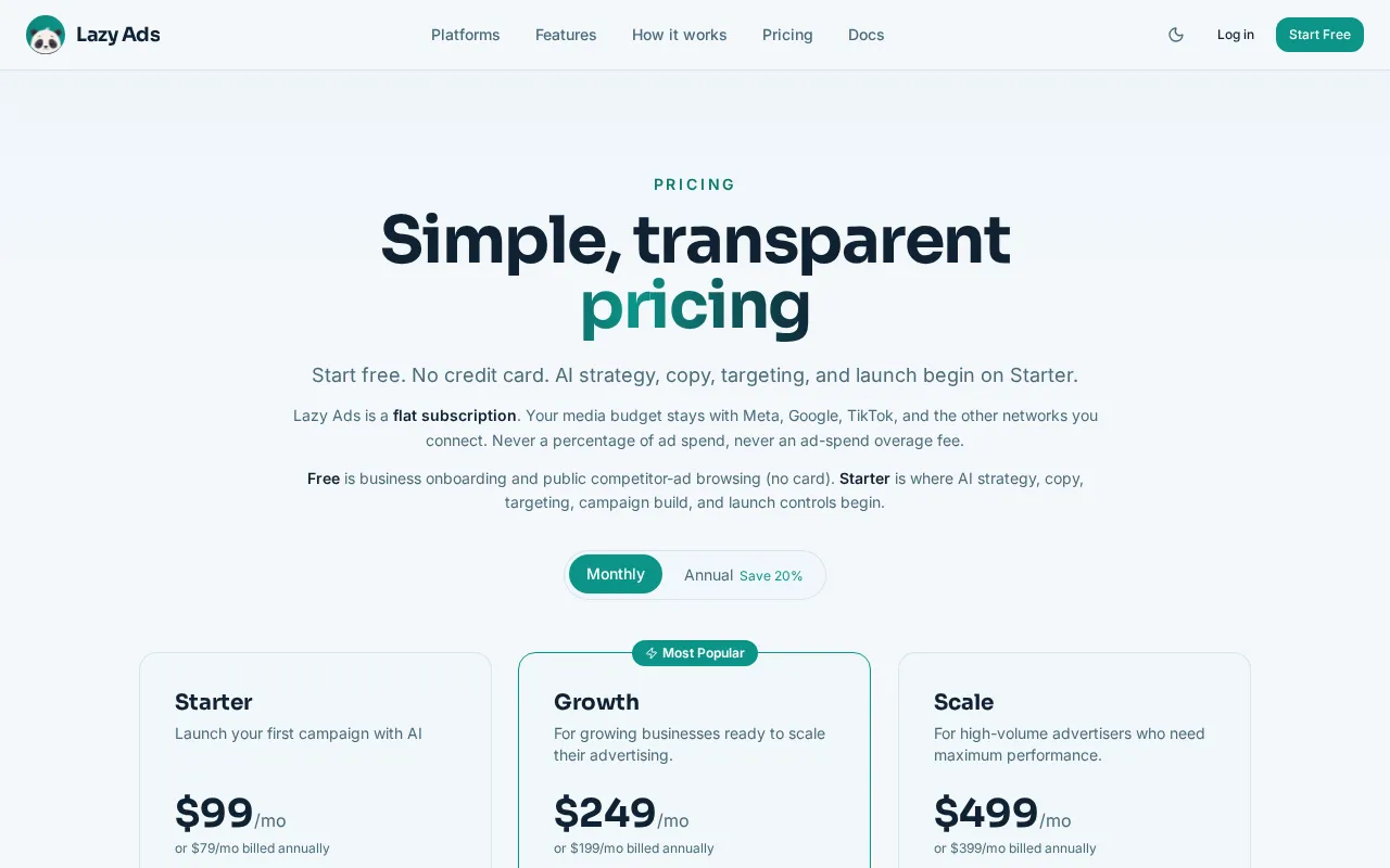 Lazy Ads — pricing page