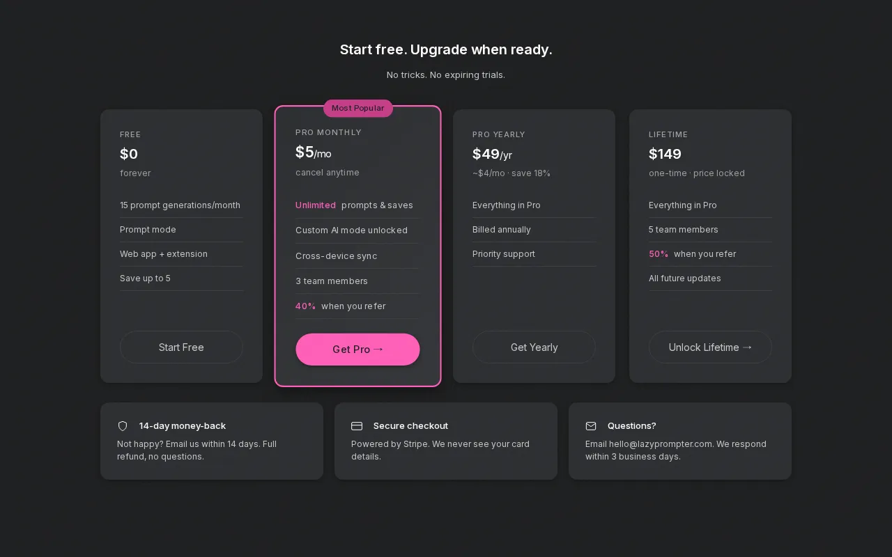 Lazy Prompter — pricing page