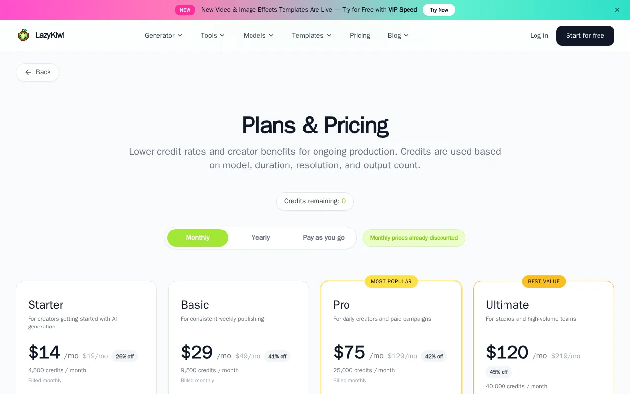 LazyKiwi AI Video Generator — pricing page