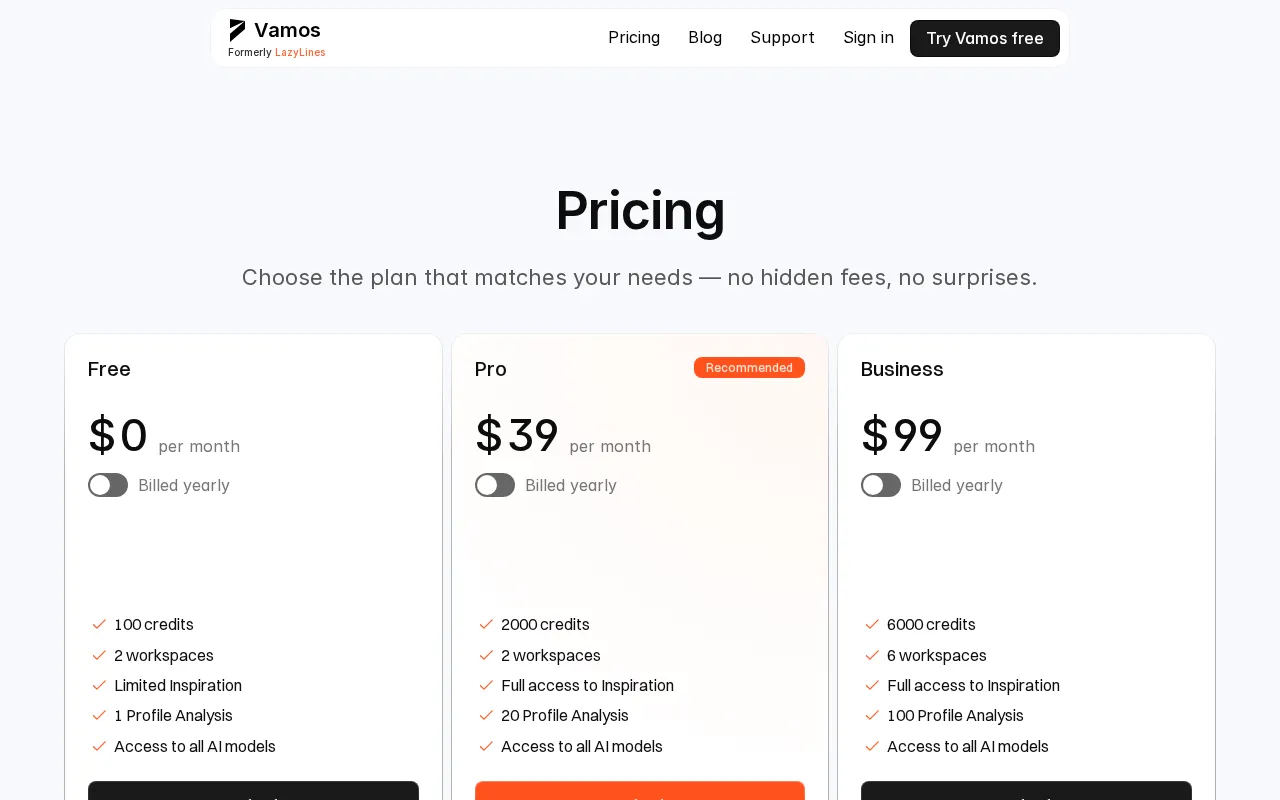 Vamos — pricing page