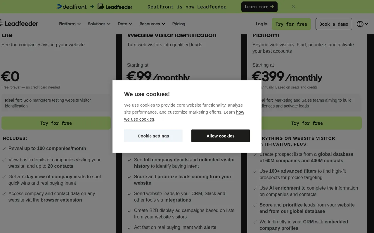 Leadfeeder — pricing page