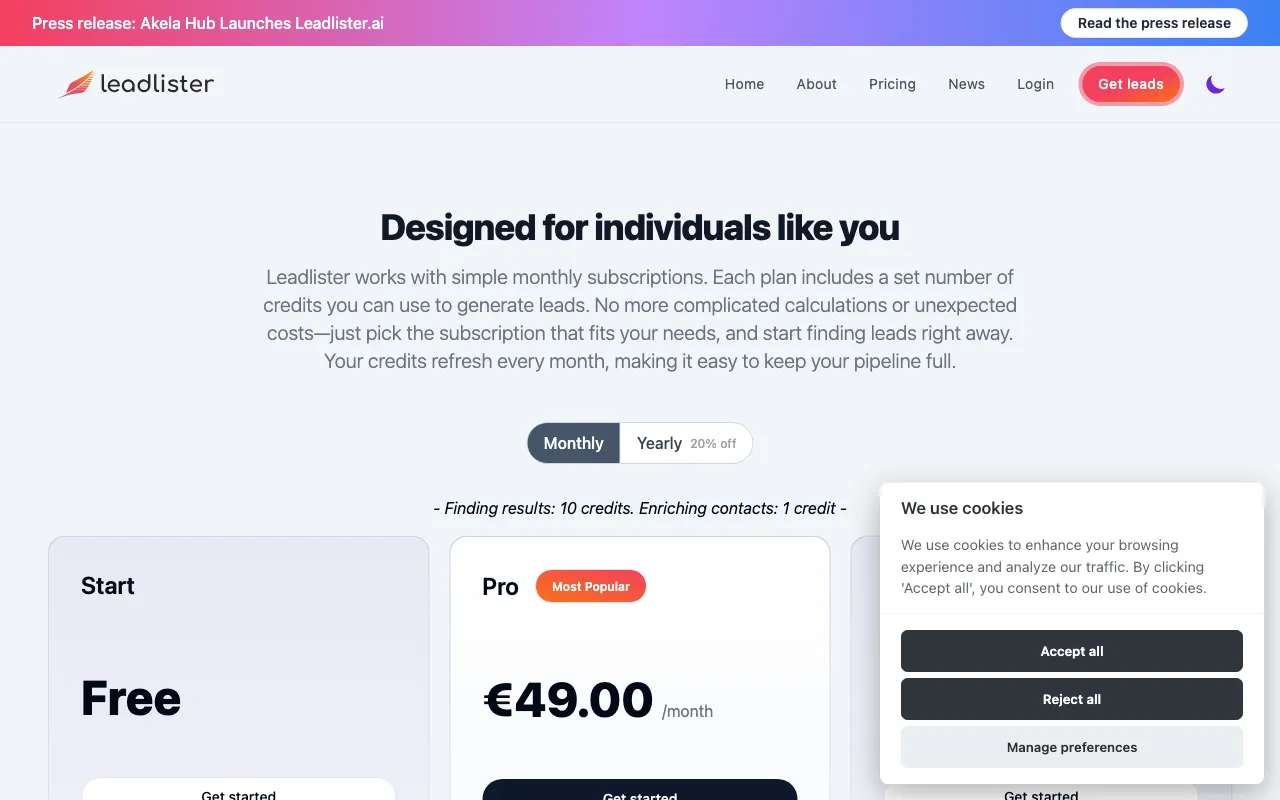Leadlister — pricing page