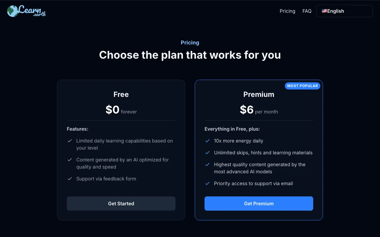 Learn Earth — pricing page