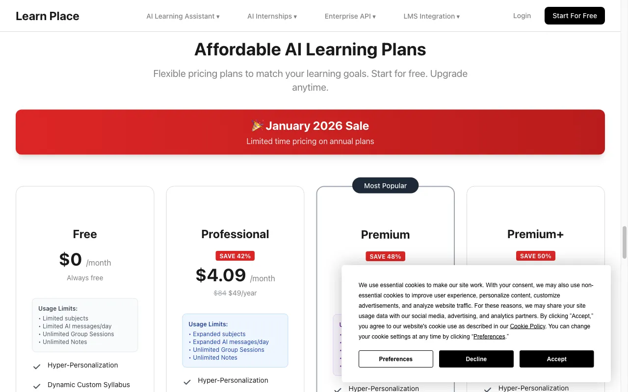 Learn Place AI-Powered Personalized Learning Assistant — pricing page