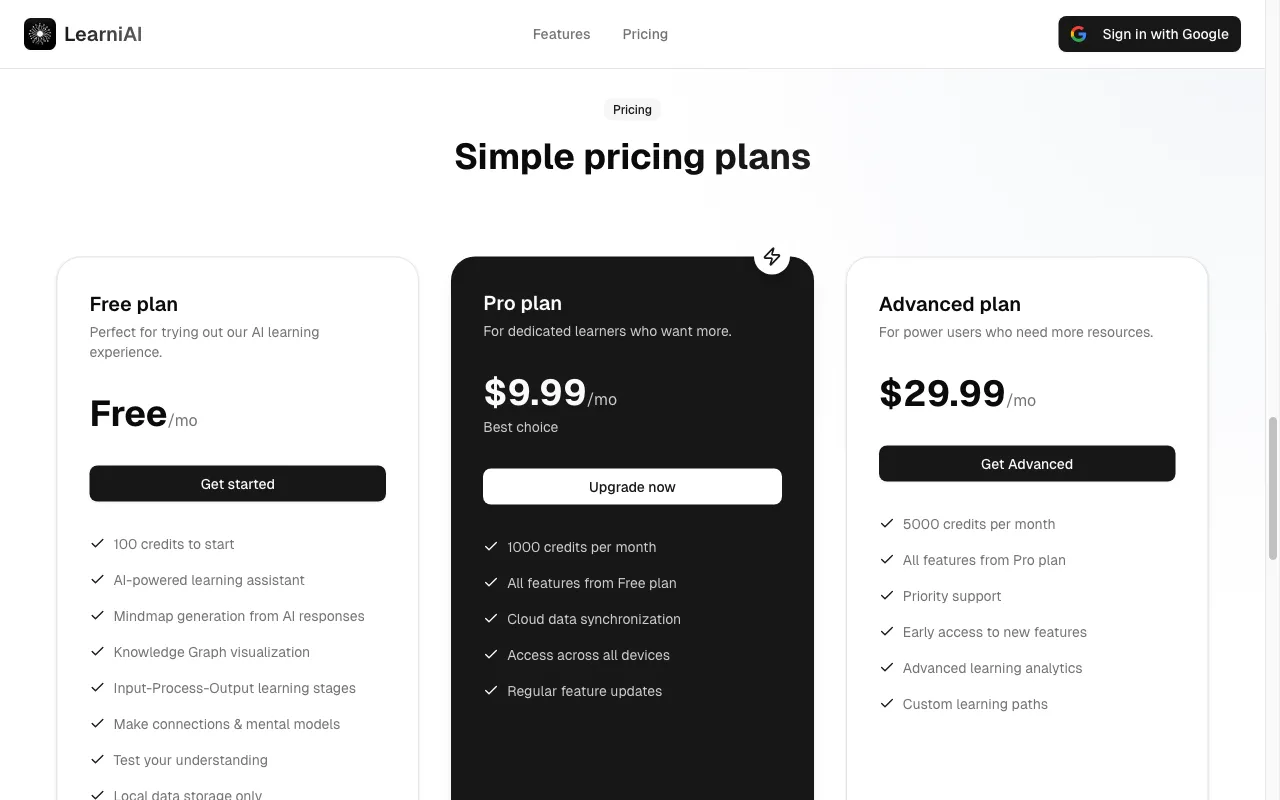 LearniAI — pricing page